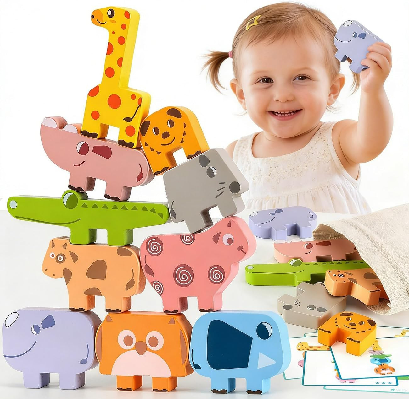 Montessori Toys for 2 3 4 Year Old Girls & Boys, Wooden Animal Stacking Blocks f