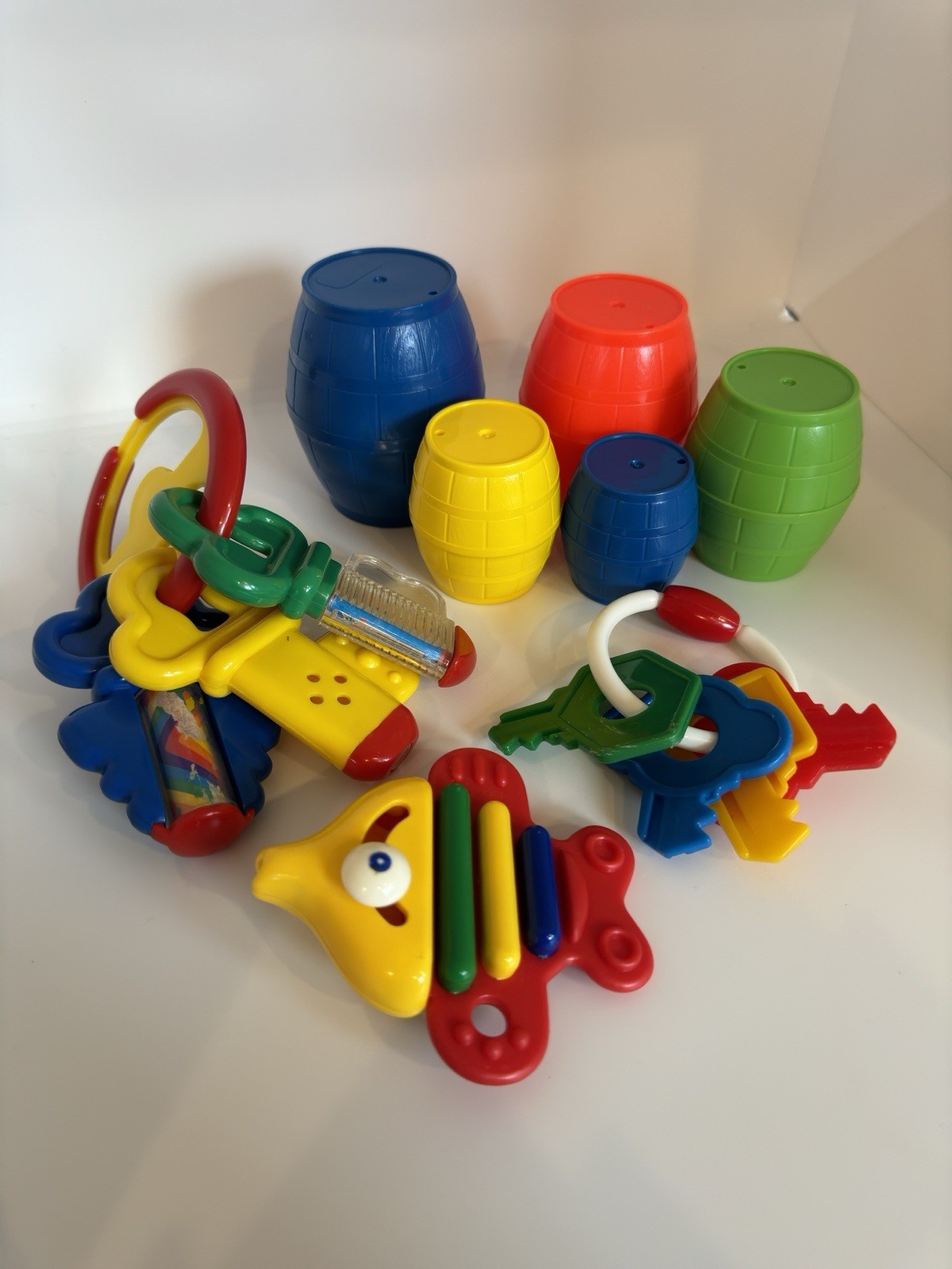 Vintage Toddler Novelty Toys Lot Keys Fish Stacking barrels Primary Colors