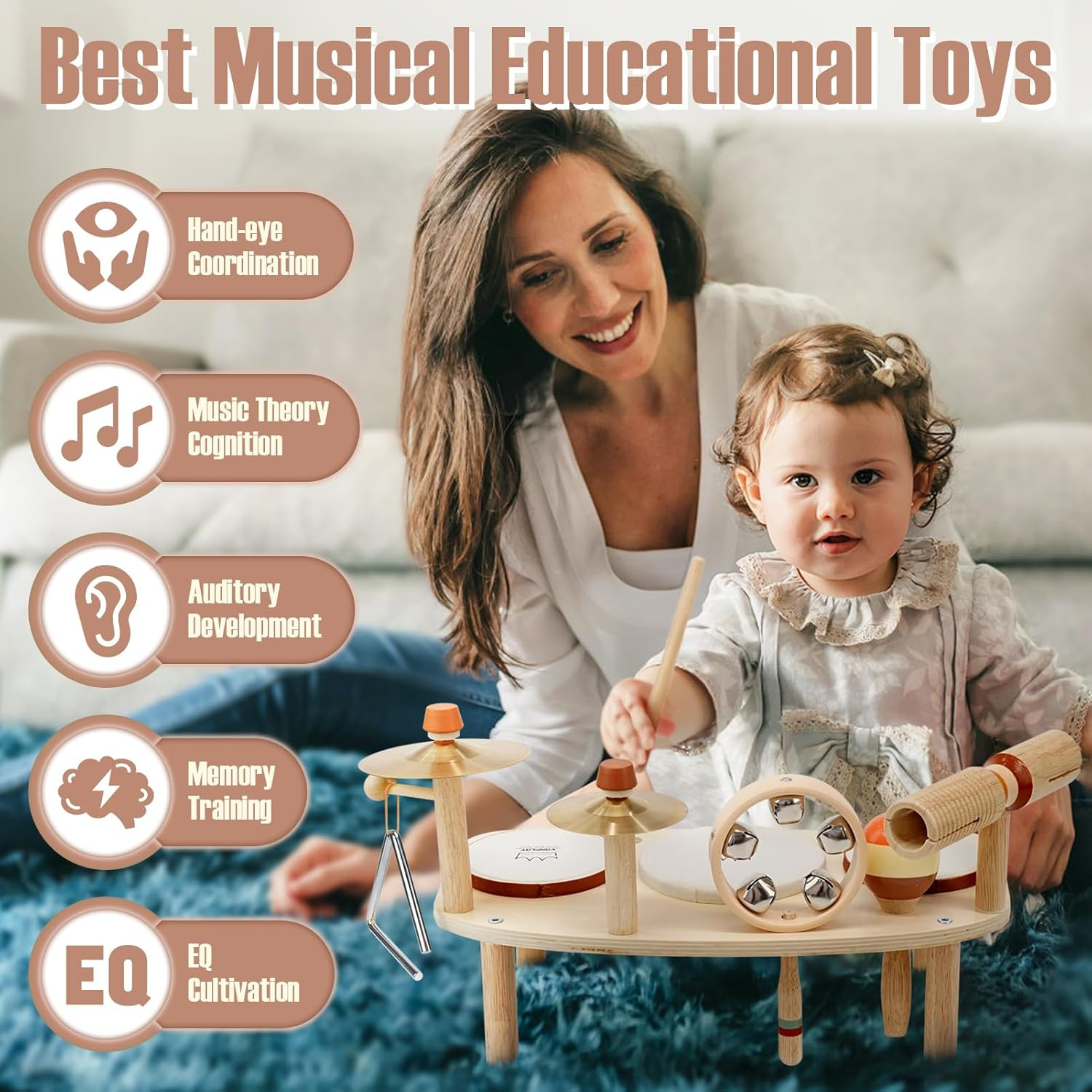 Kids Drum Set – Montessori Toys for 2 Year Old Boy Girl Birthday Gifts, 11 in 1