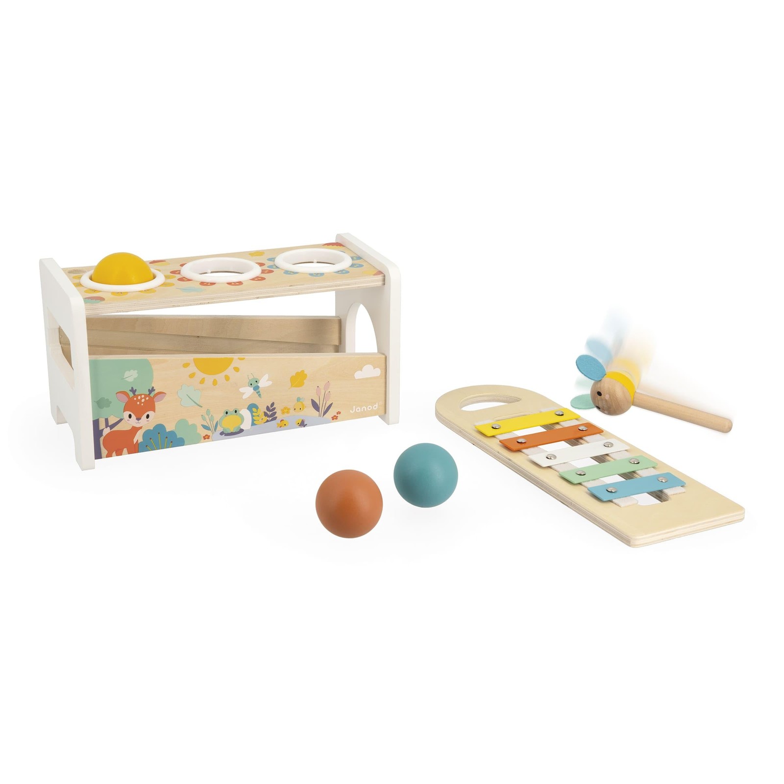 Janod Pure Tap Pastel Wooden Xylophone Pounding Bench Cherry Wood Balls Bee