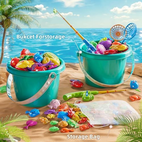 NIPLOOOW Pool Fishing Toys Games, Water Table 60PCS + Large Fishing Pool