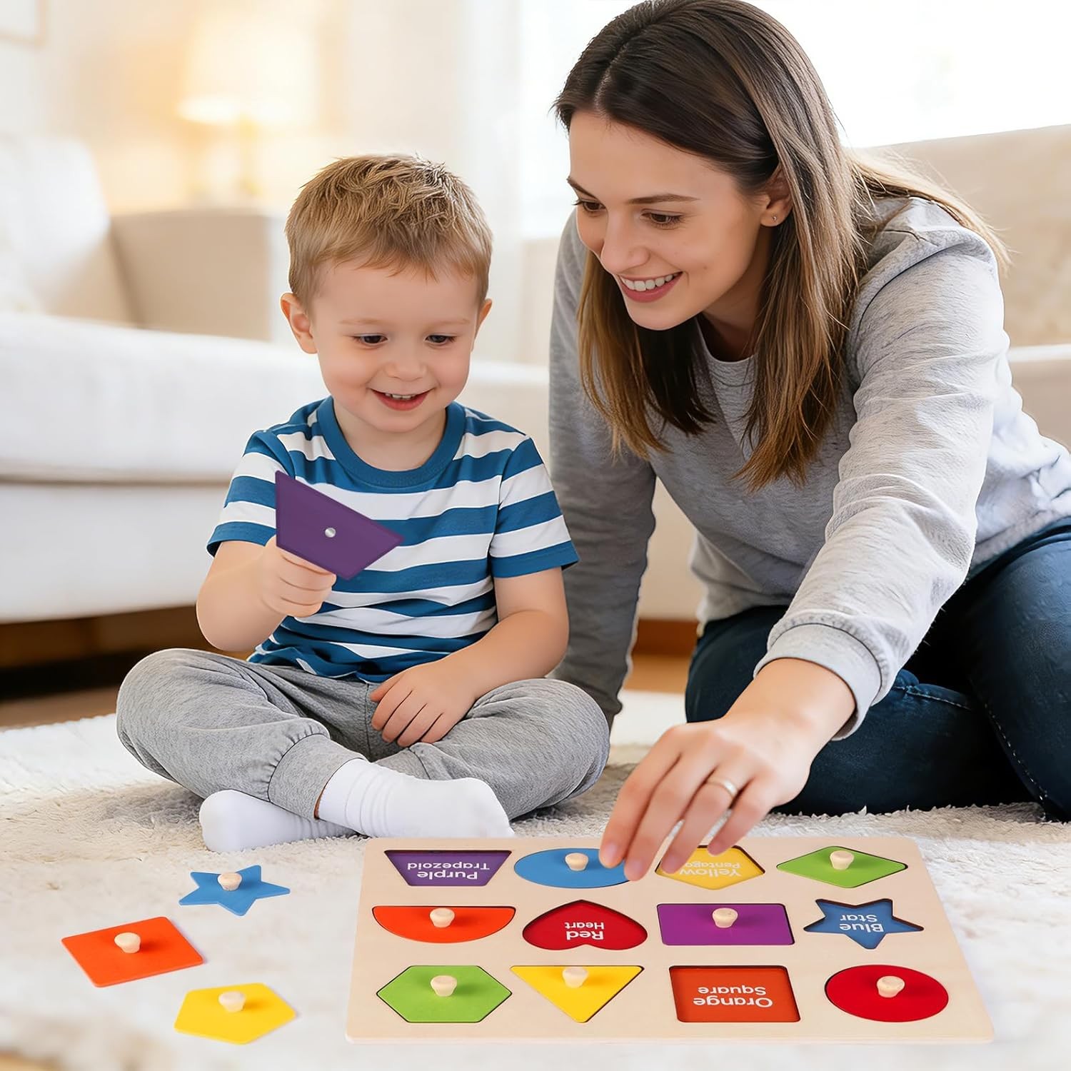 Montessori Wooden Peg Shape Puzzles for Toddlers 1-4, Sturdy Easy-Grip Education