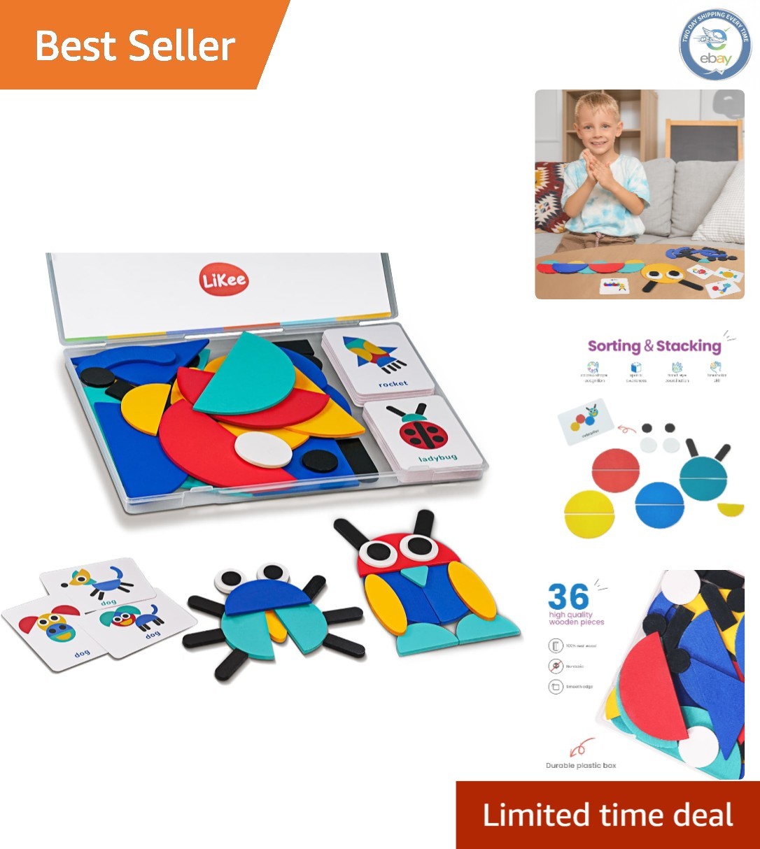 Educational Open-Ended Wooden Shape Blocks & Cards for Children 3-8 Yrs