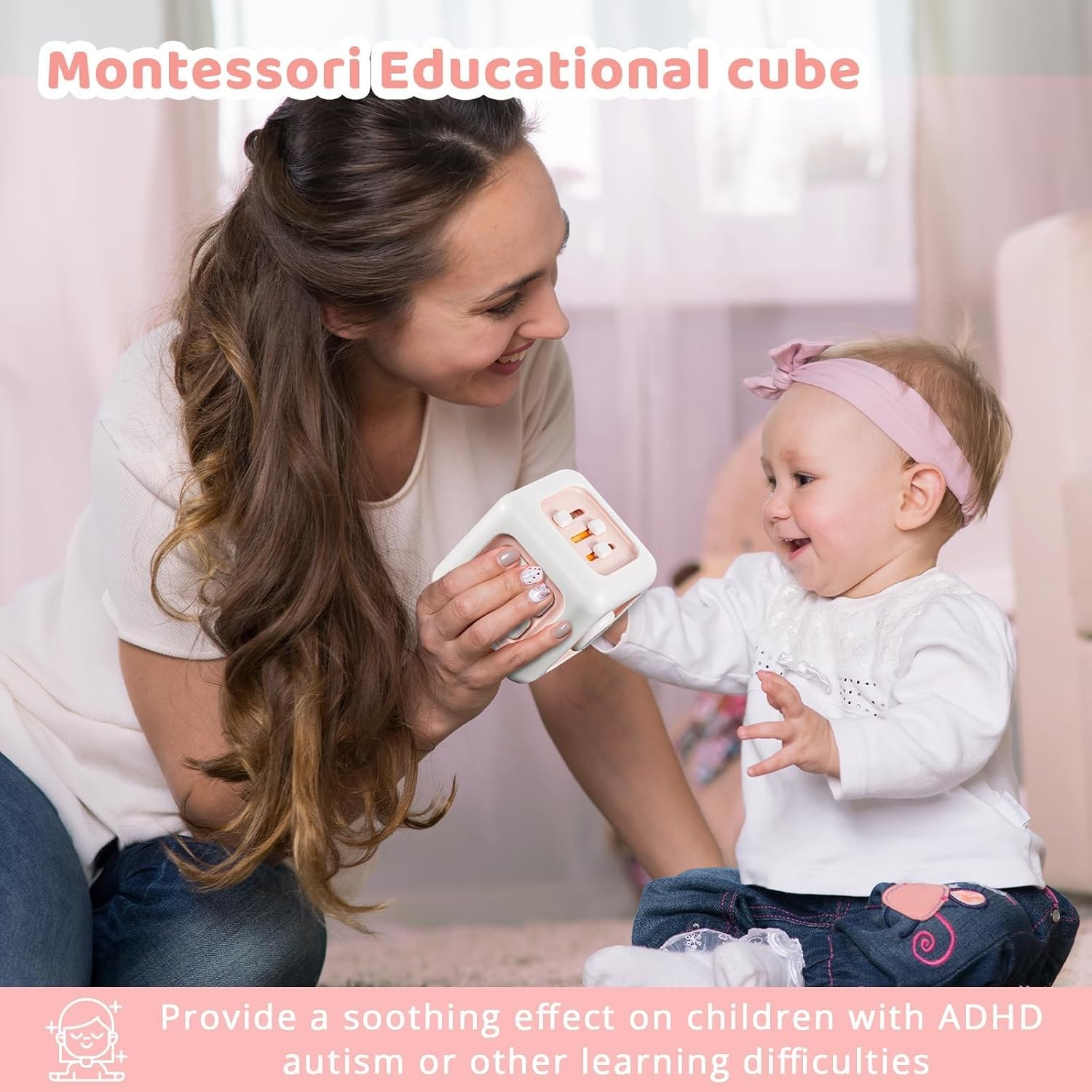 Busy Cube Toy for 1 Year Old Girl Pink Montessori Educational Gift for Toddlers