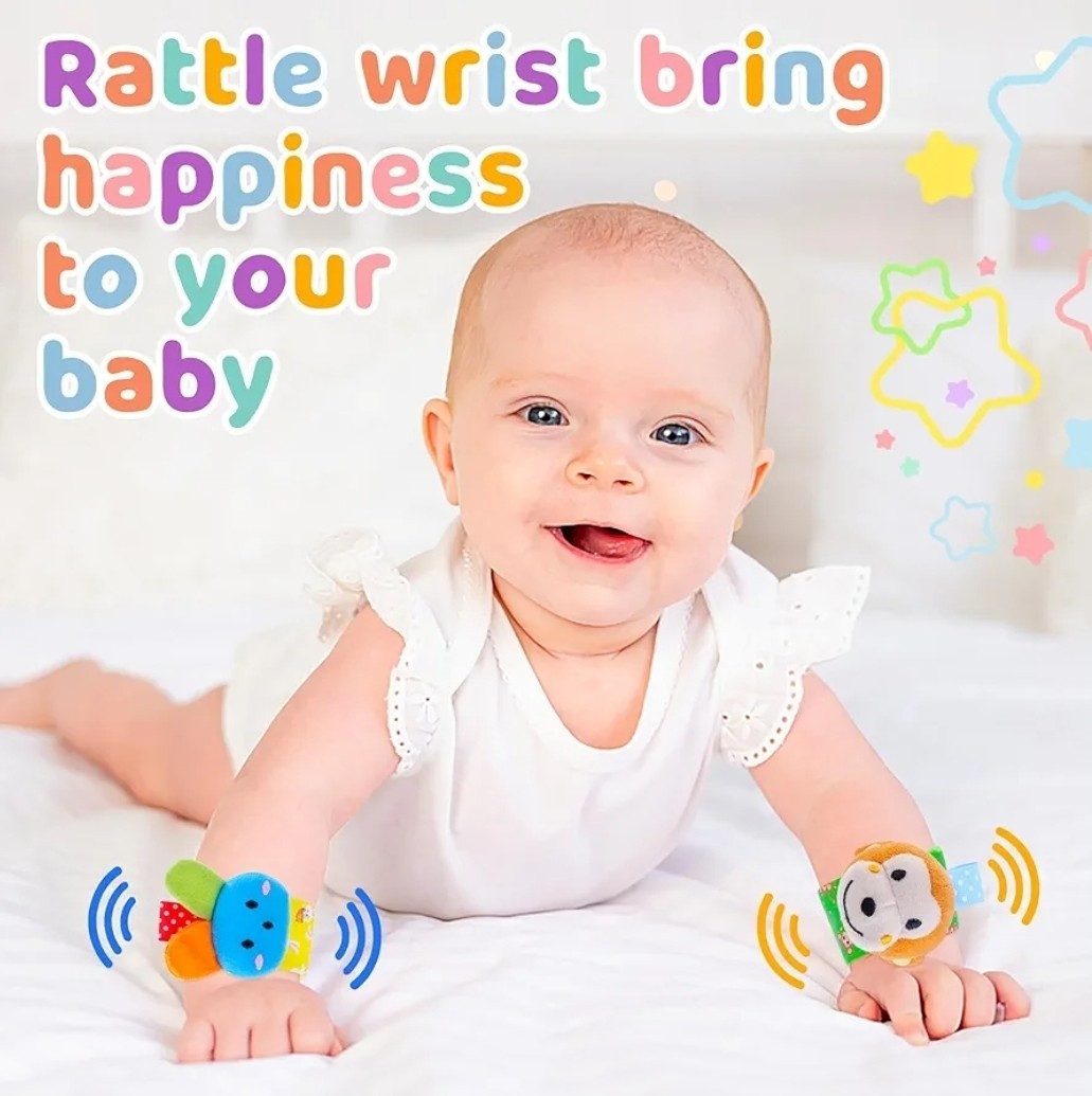 Animal Theme Wrist & Ankle Rattles Set for Babies, Multicolor, 0-12 Months