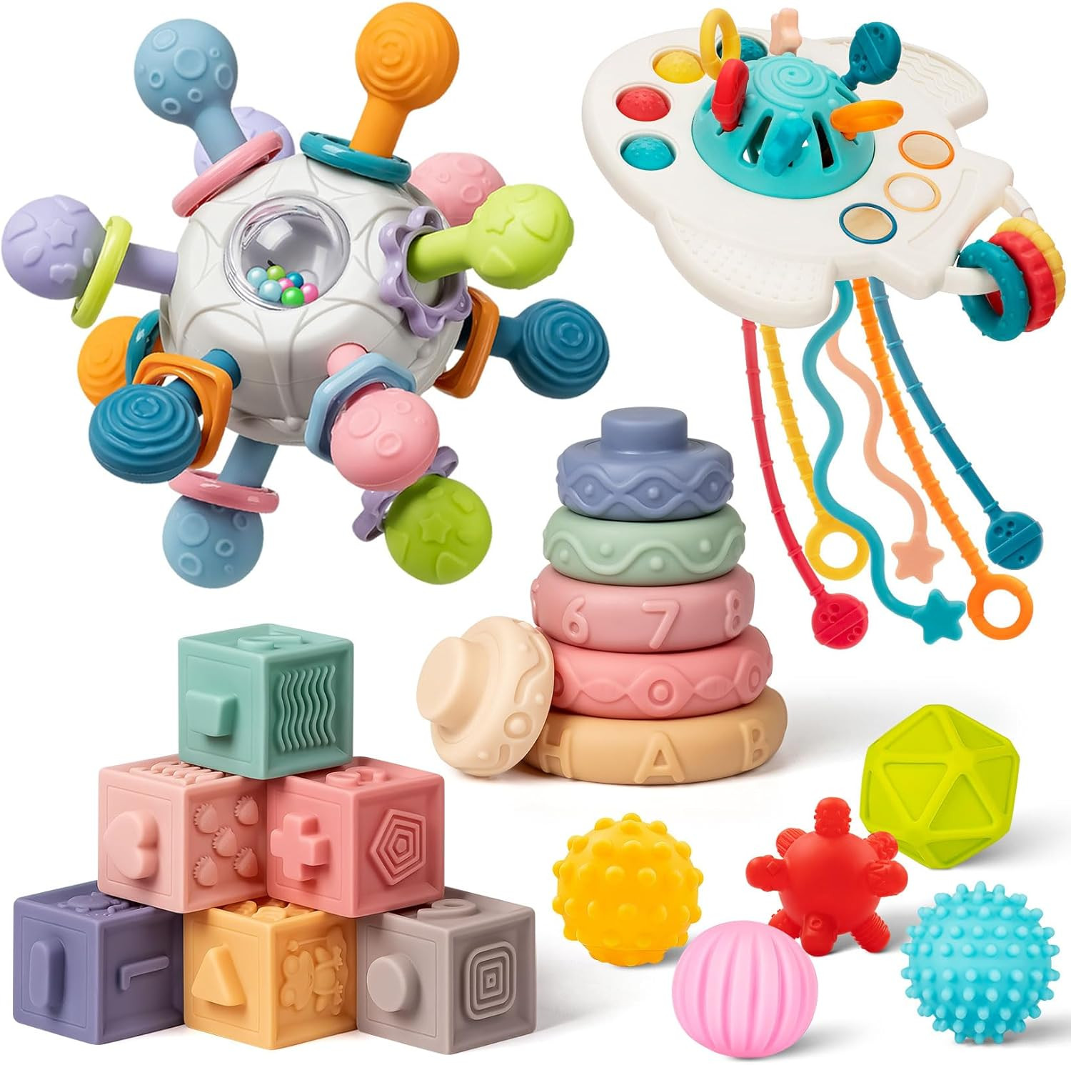 Baby Toys 6 to 12 Months, 5 in 1 Montessori Toys for 1 Year Old, Incl Travel Pul