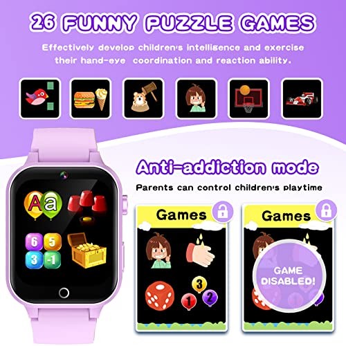 Purple Kids Smart Watches – High-Resolution Touchscreen – 26 Games – Age 5-12