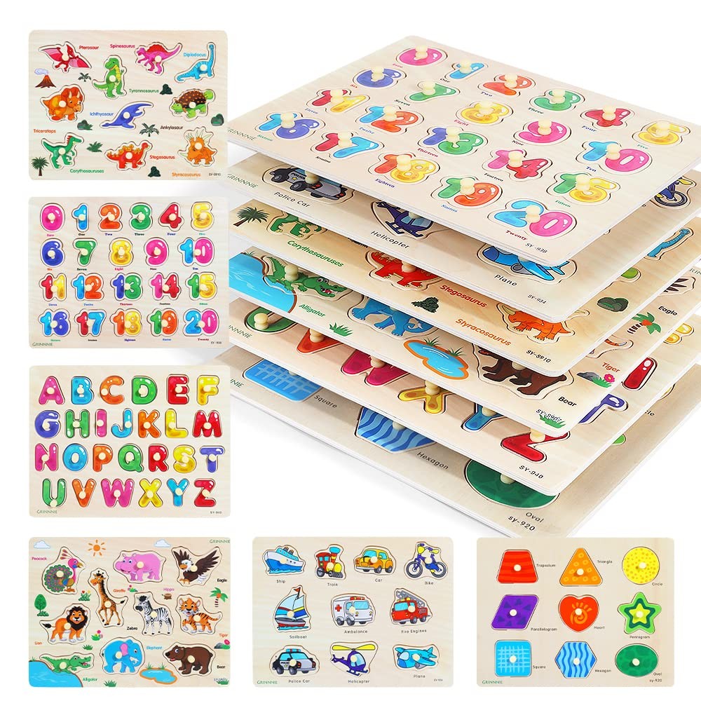 GRINNNIE Wooden Peg Puzzle for Toddlers, 6 Pack Puzzles Set for 3 4 5 Years O…