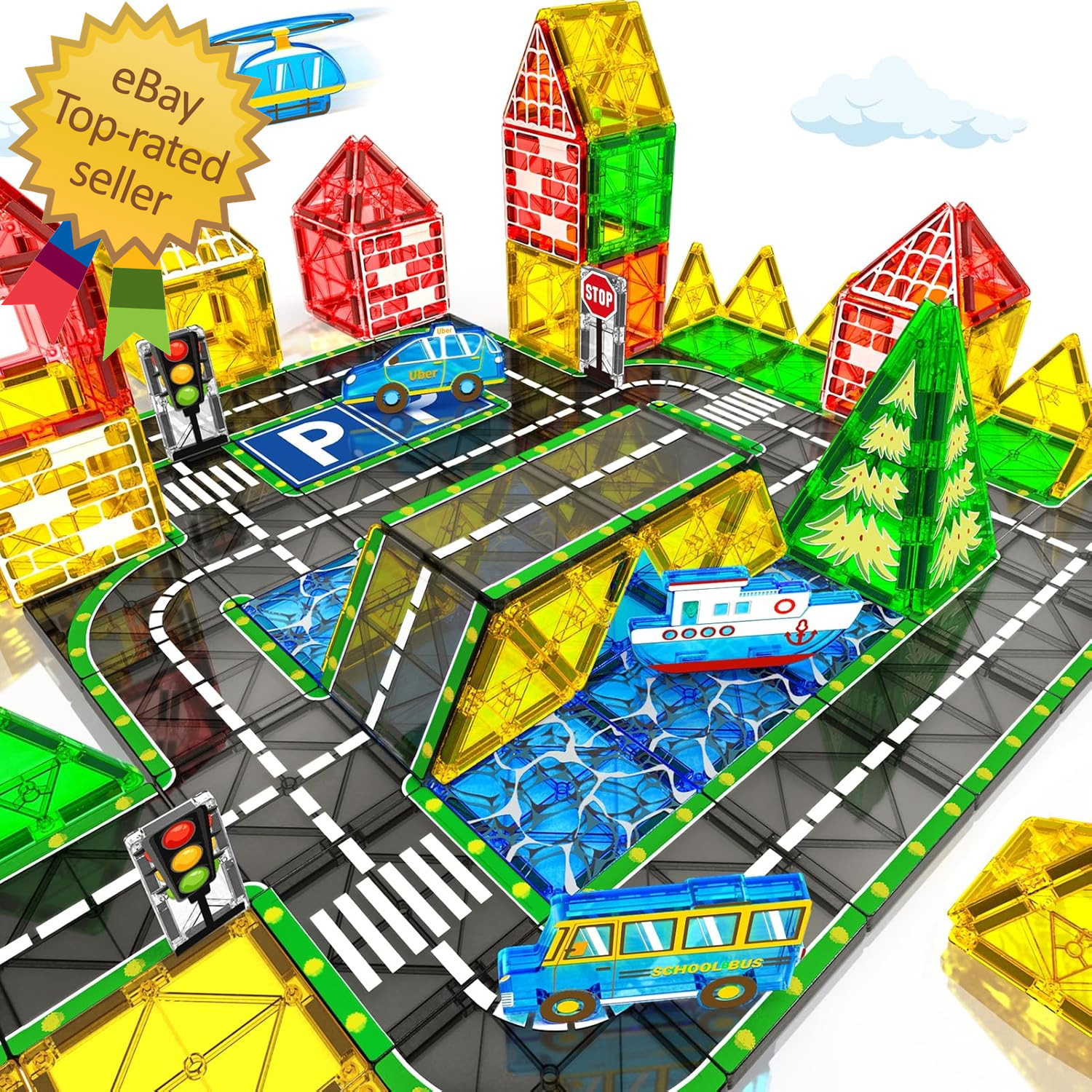 Magnetic Tiles City Road Set Kids Toys for 3 Year Old Boys Girls Magnetic Buildi