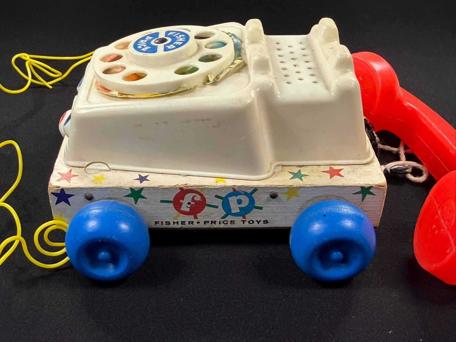 Vintage Fisher Price Chatter Telephone Pull Toy #747 Rotary Phone Wood Base