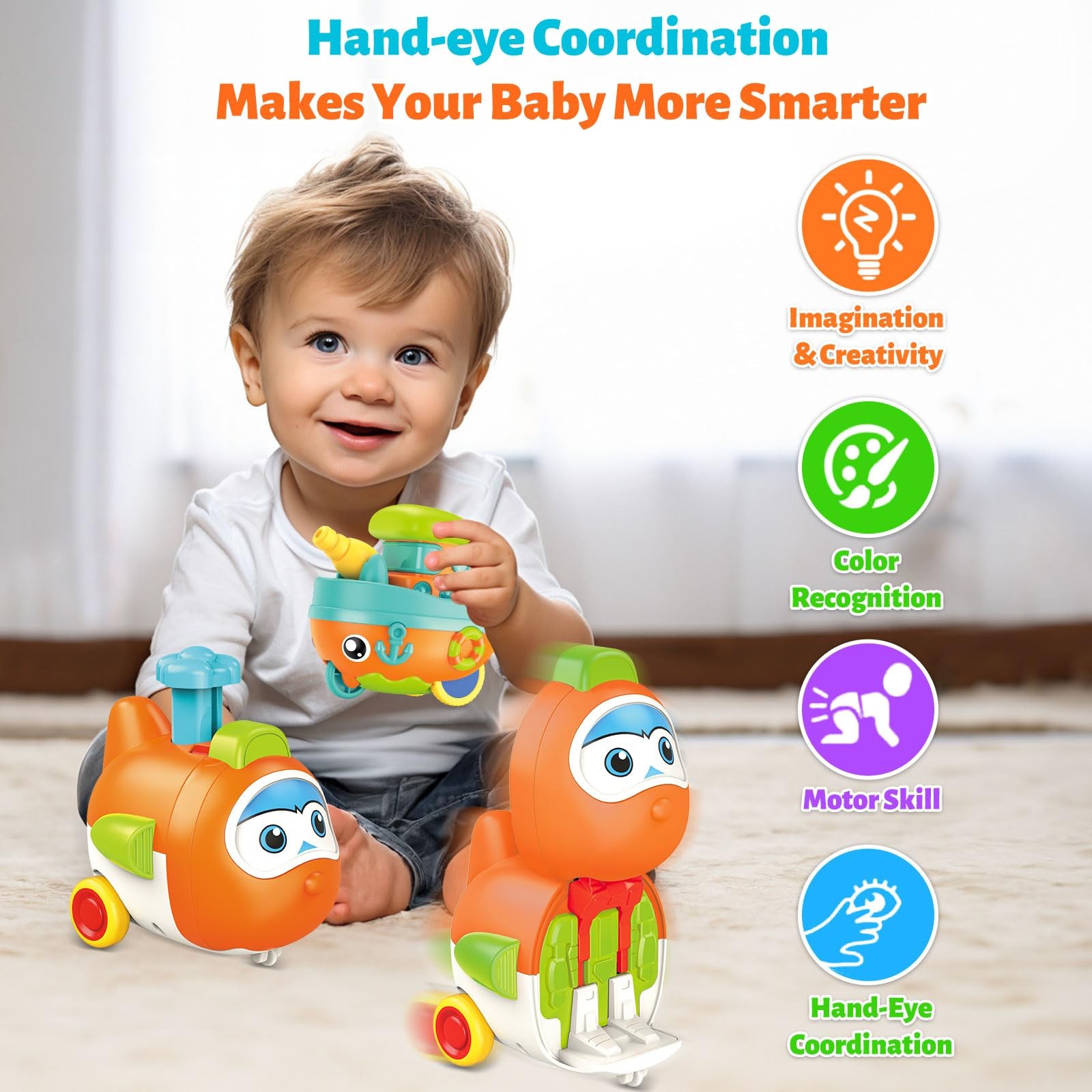 Toddler Toys for 1 Year Old Boy, Press to Go Car Toys for Toddlers 1-3, Learning