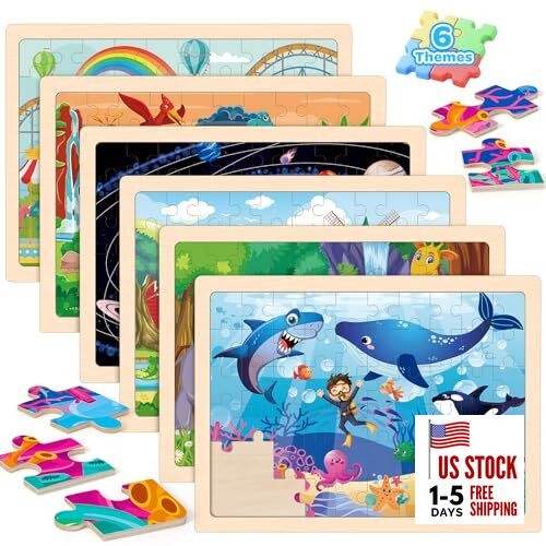6 Pack Wooden Vehicle Puzzles for Kids Age 3 4 5 Year Old, 60 Pcs Animals