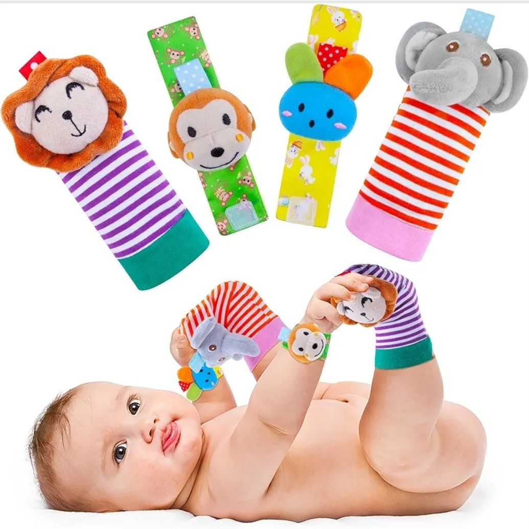 Animal Theme Wrist & Ankle Rattles Set for Babies, Multicolor, 0-12 Months