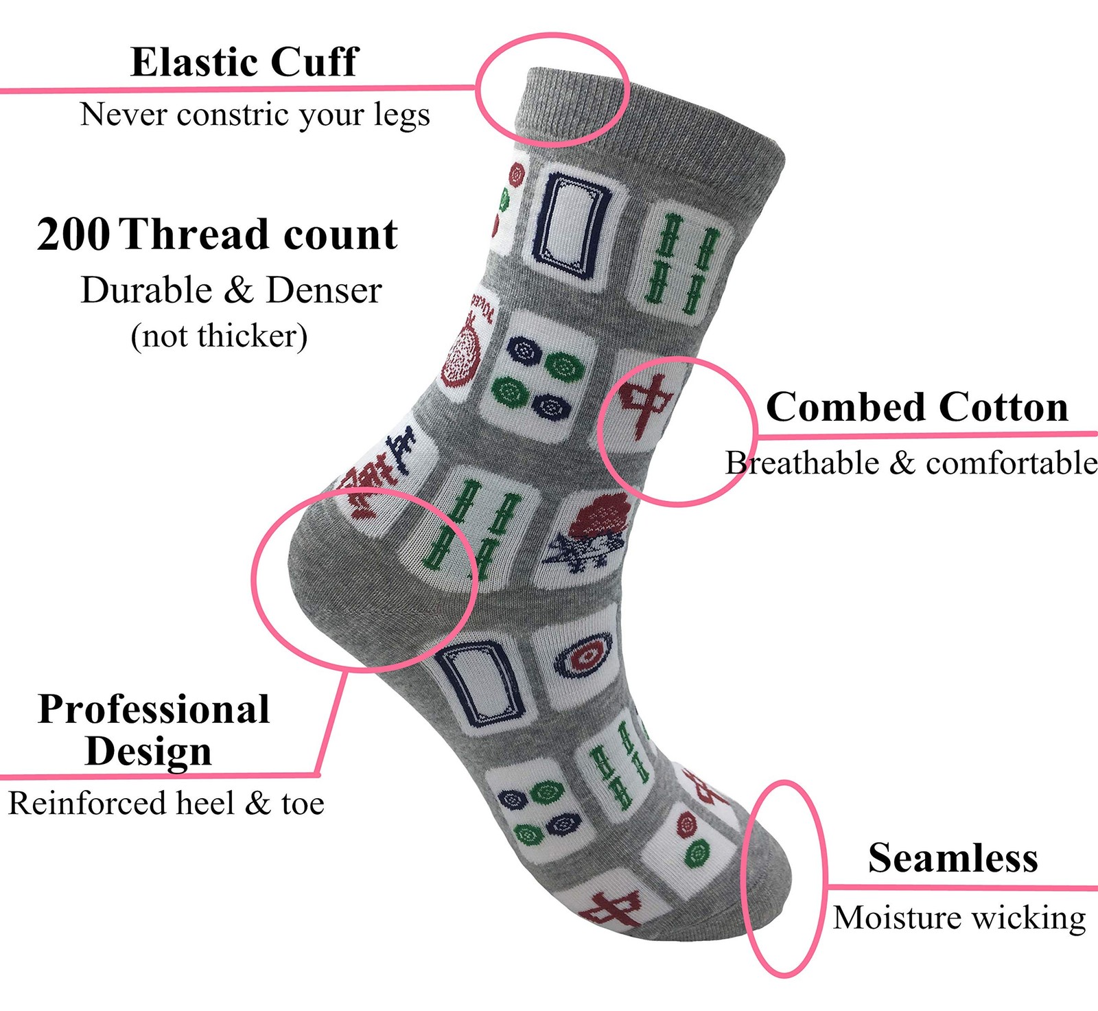 Creative Mah Jong Print Novelty Cotton Crew Socks 3 Pairs for Men Women 6-12