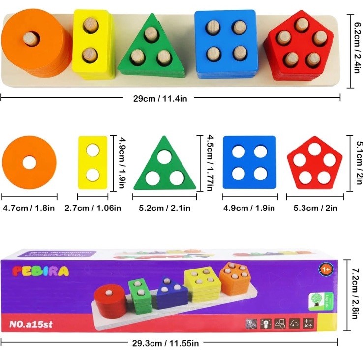 Montessori Wooden Sorting & Stacking Toy – Educational Puzzle for Toddlers 1-3,