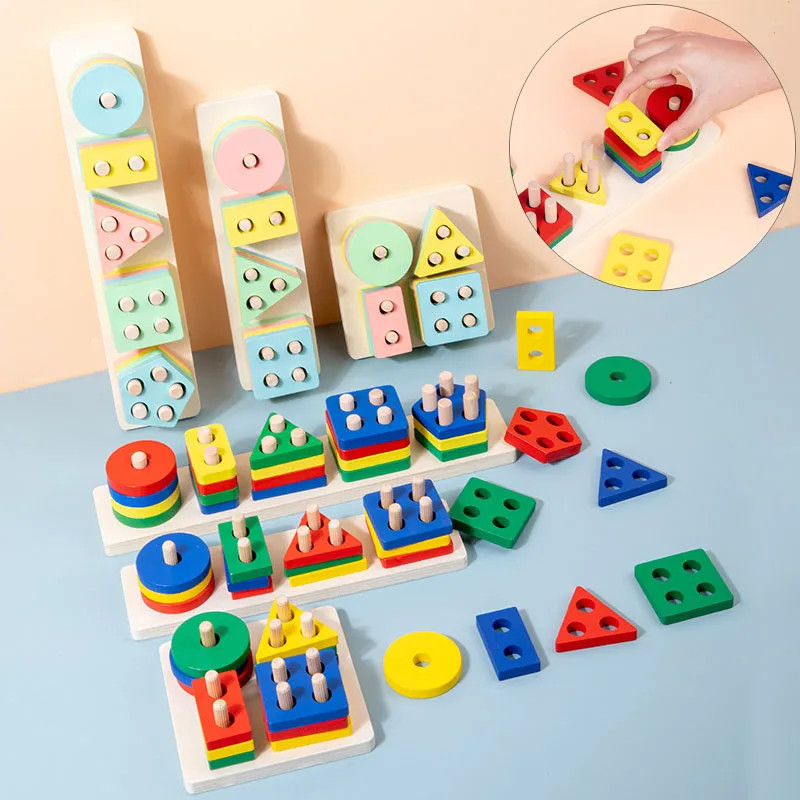 Wooden Shape Matching Building Blocks Kids Learning Toy US