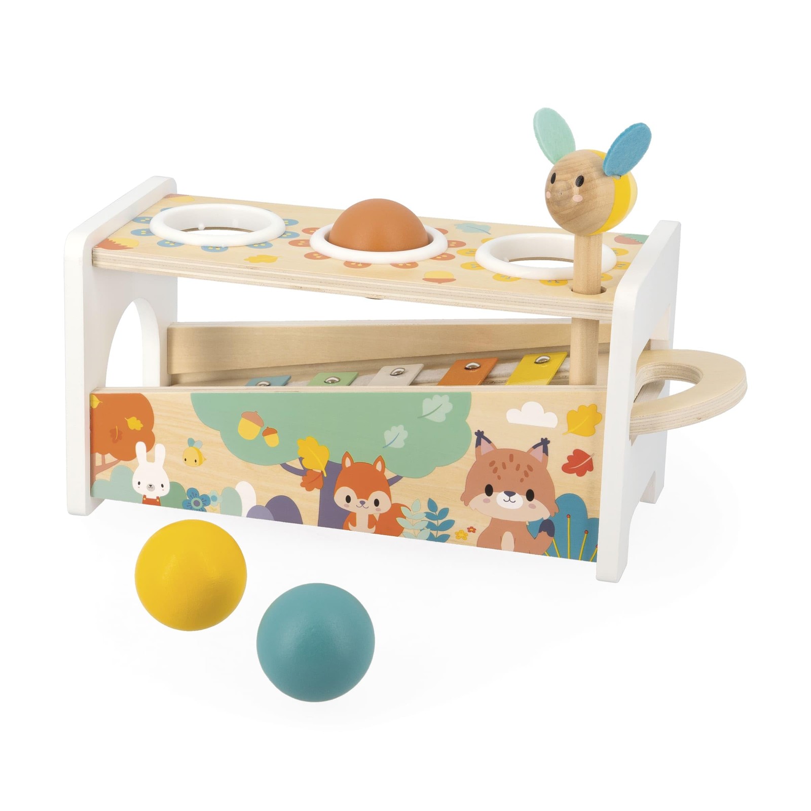 Janod Pure Tap Pastel Wooden Xylophone Pounding Bench Cherry Wood Balls Bee