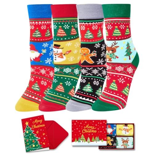 Christmas Socks for Kids – Unisex Gnome Deer Snowman Cookie 4 Pack 10-12 Years
