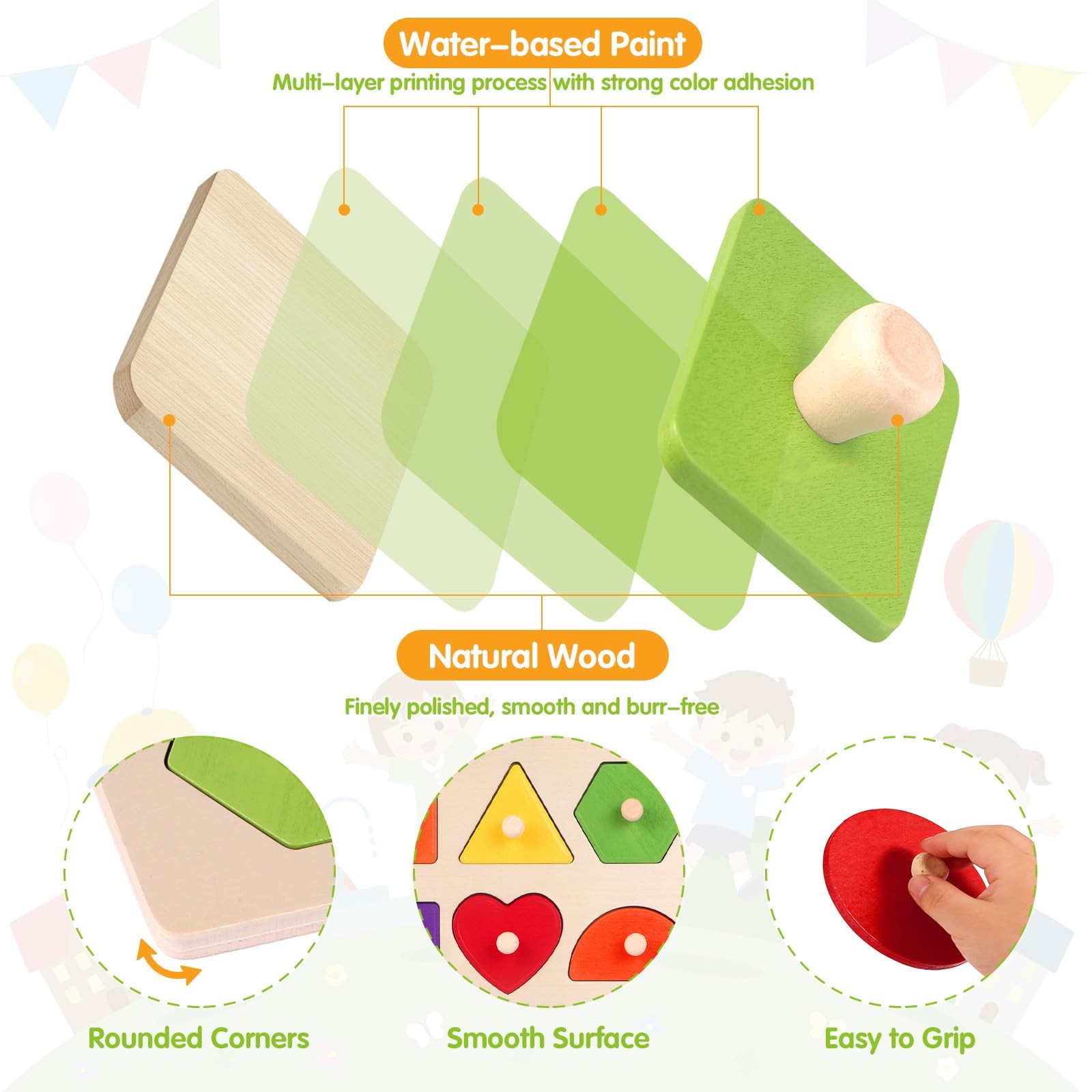 Montessori Wooden Peg Shape Puzzles for Toddlers, Sturdy Easy-Grip Educationa…
