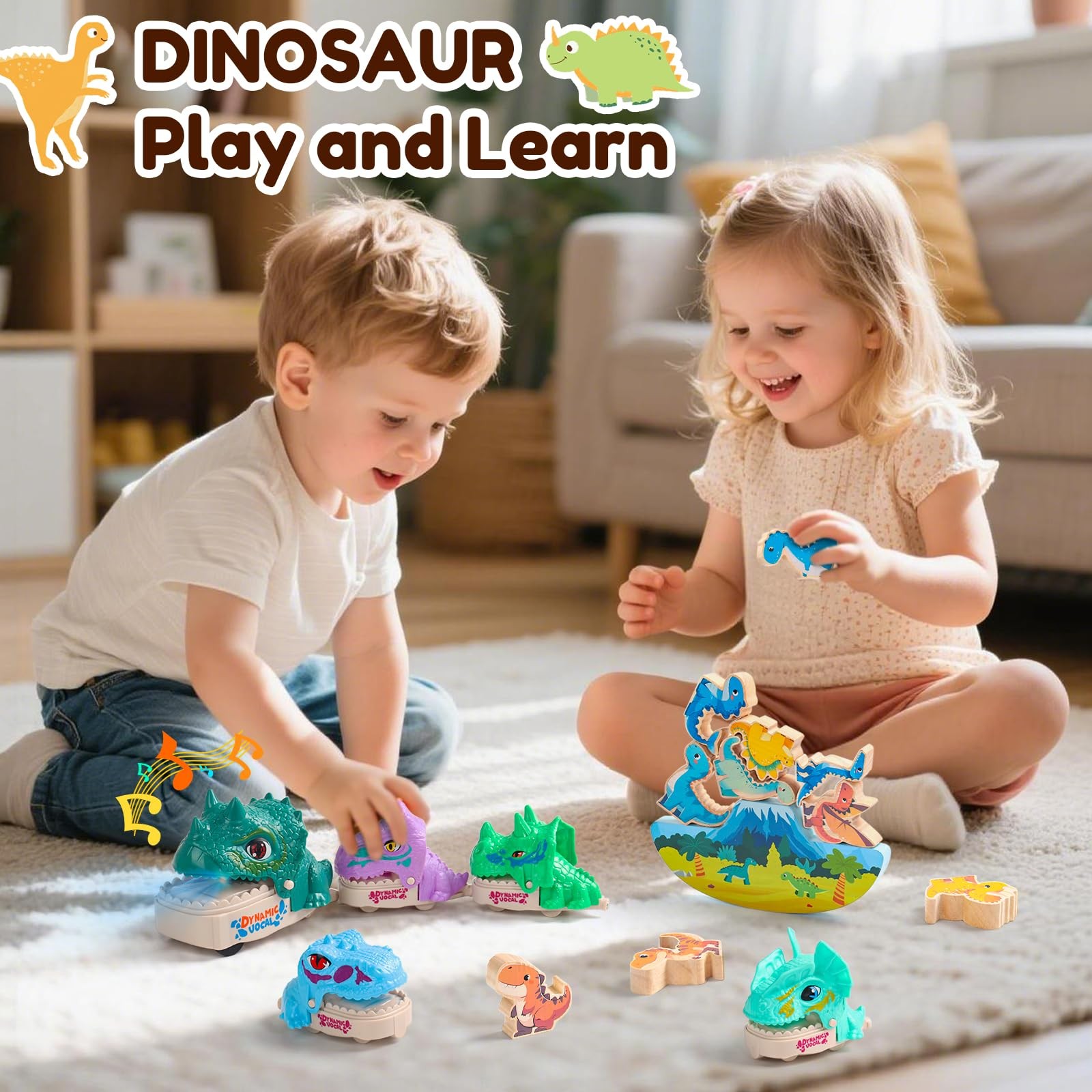 Dinosaur Toys for Kids 2-4, Dinosaur Set for Toddlers 1-3, Wooden Stacking To…