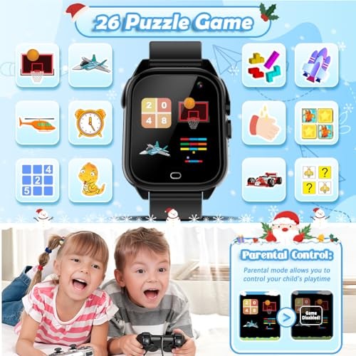 Waterproof Kids Smart Watch for 3-12 Years Old Boys Girls Toys with 26 1.Black