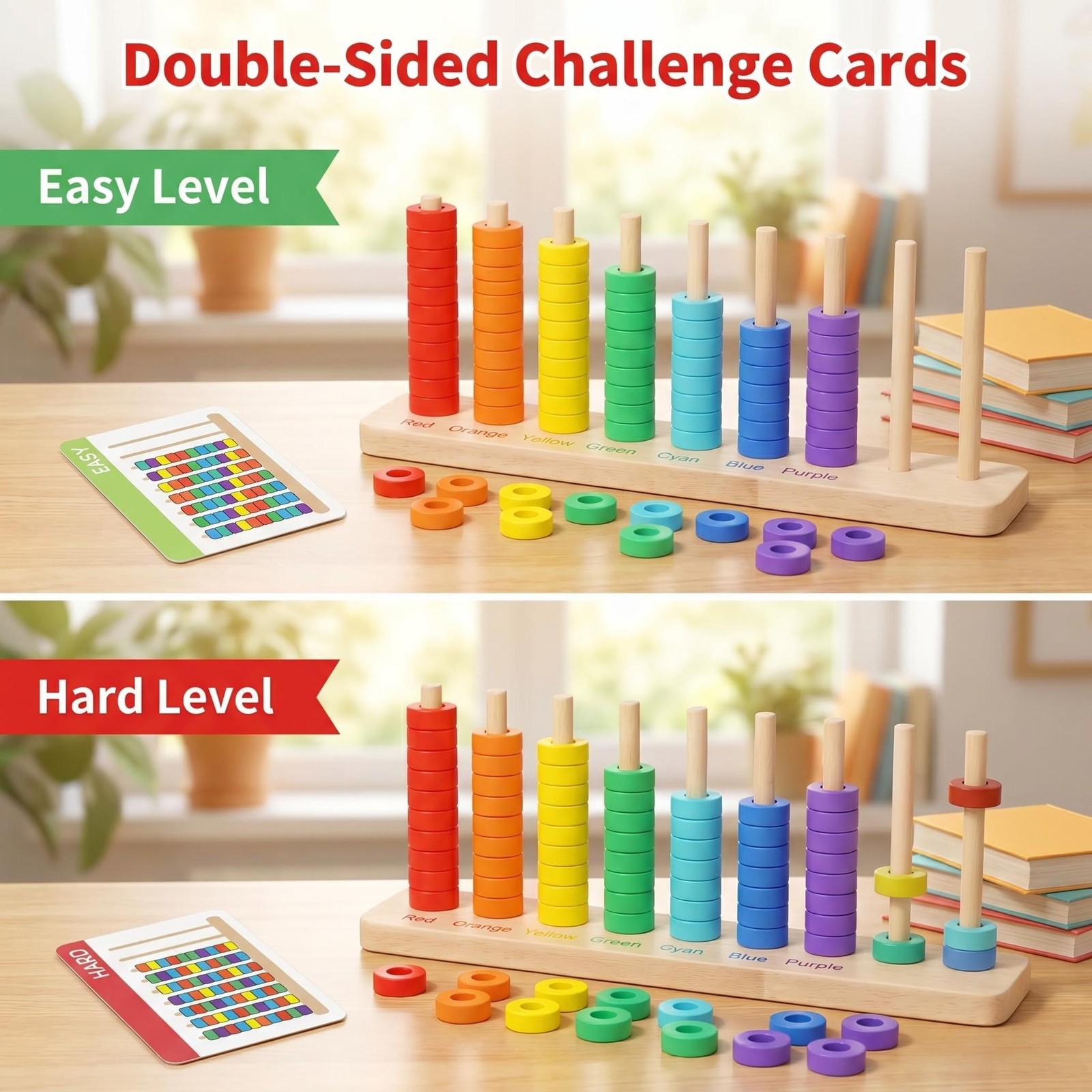 Color Sorting & Stacking Game with Challenge Cards for , Wooden Color Matchin…