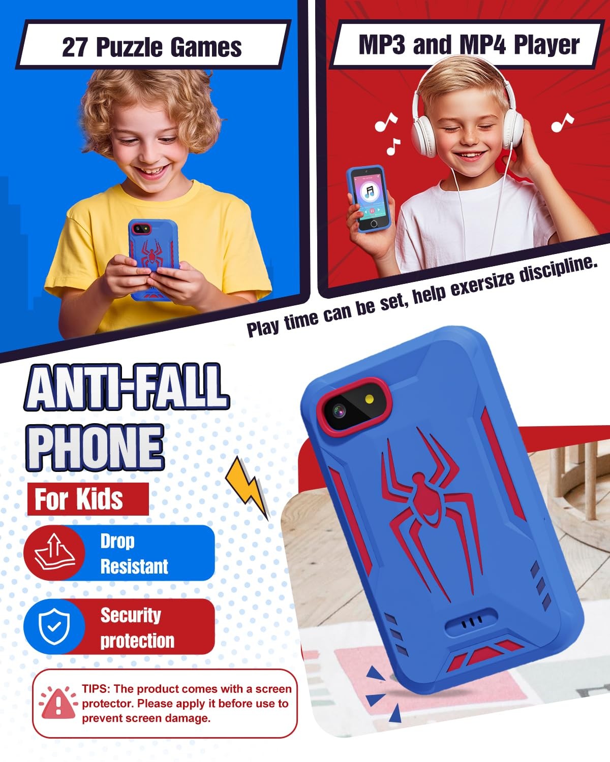 Kids Smart Phone, Spider Toys Phone for Boys 3 4 5 6 7 8 Years Old, Dual Camera,