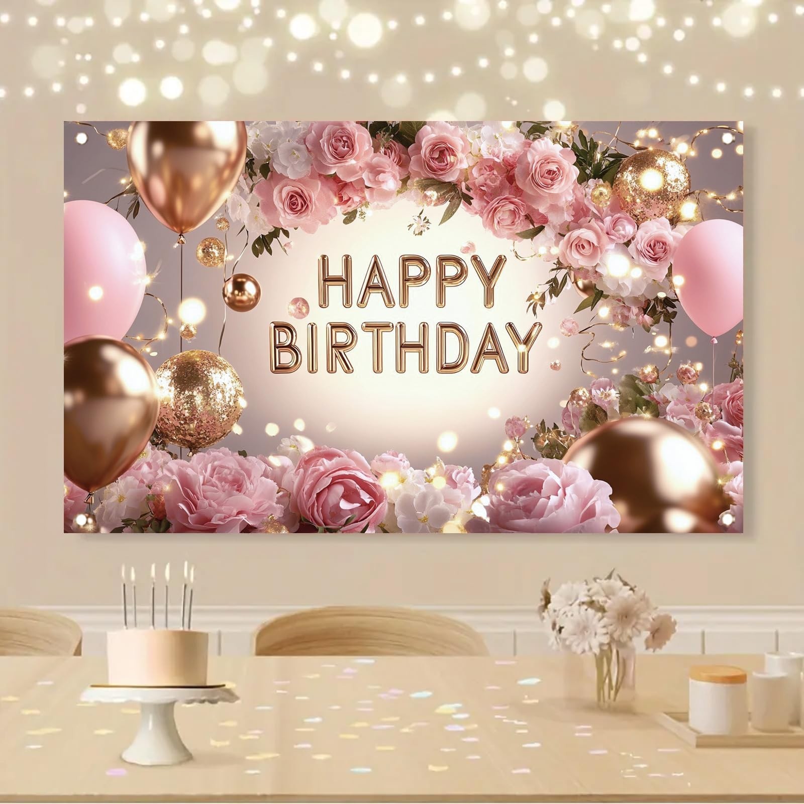 Pink Rose Happy Birthday Backdrop Banner Gold Glitter Crown Photography Backg…