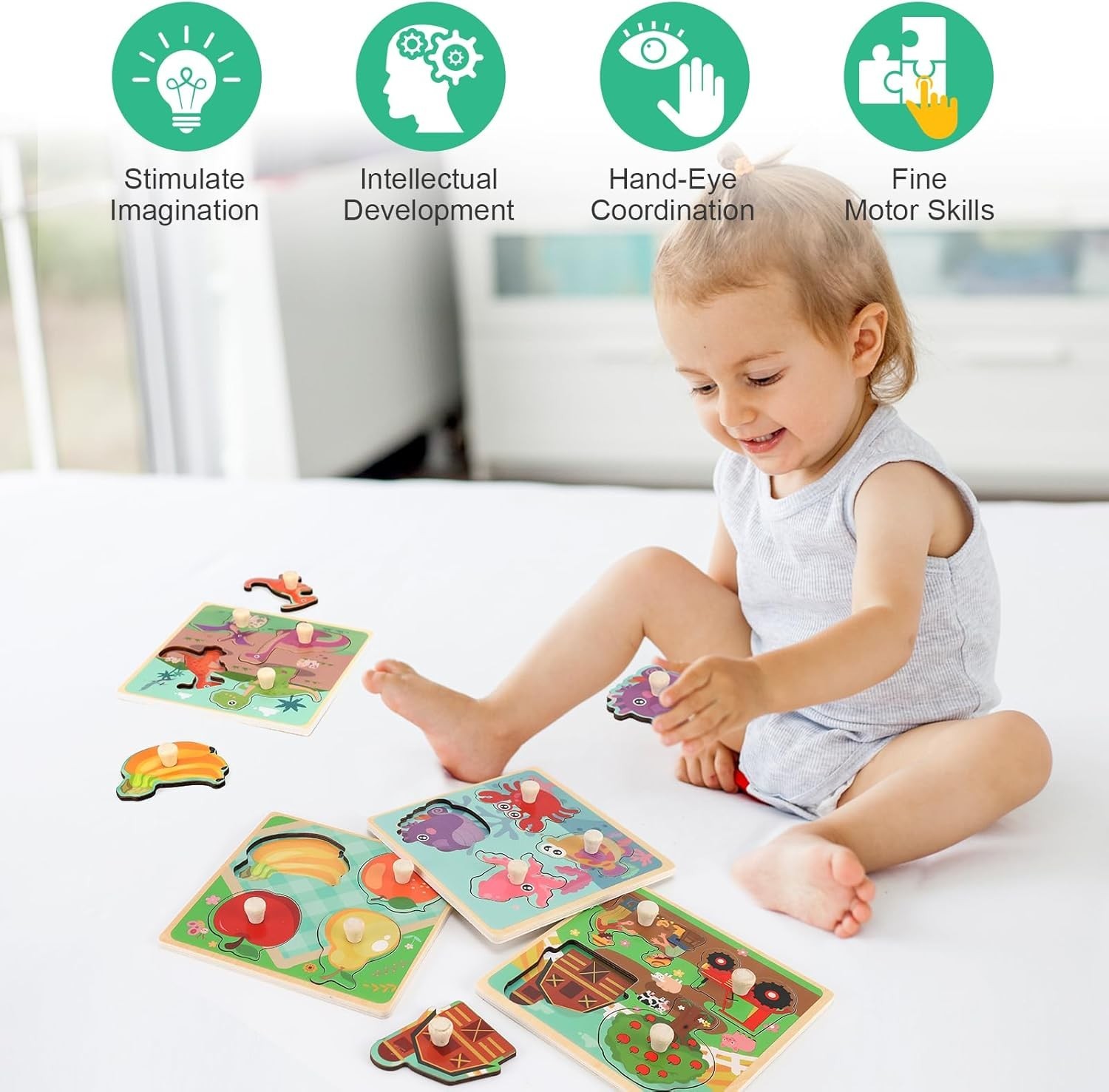 Wooden Peg Puzzles for Toddlers 1-3, Kids’ Educational Preschool Peg Puzzle T…