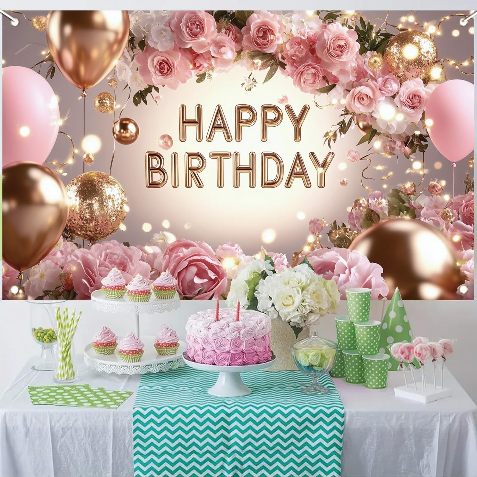 Pink Rose Happy Birthday Backdrop Banner Gold Glitter Crown Photography Backg…