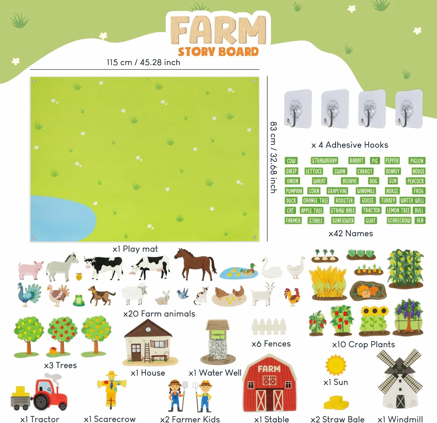 BONNYCO Felt Board for Toddlers with 92 Animal Farm Figures. Montessori and Sens