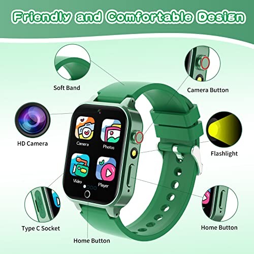 Kids Smart Watch Boys Gift for Age 6-10, 26 Games Touch Screen HD Video Green