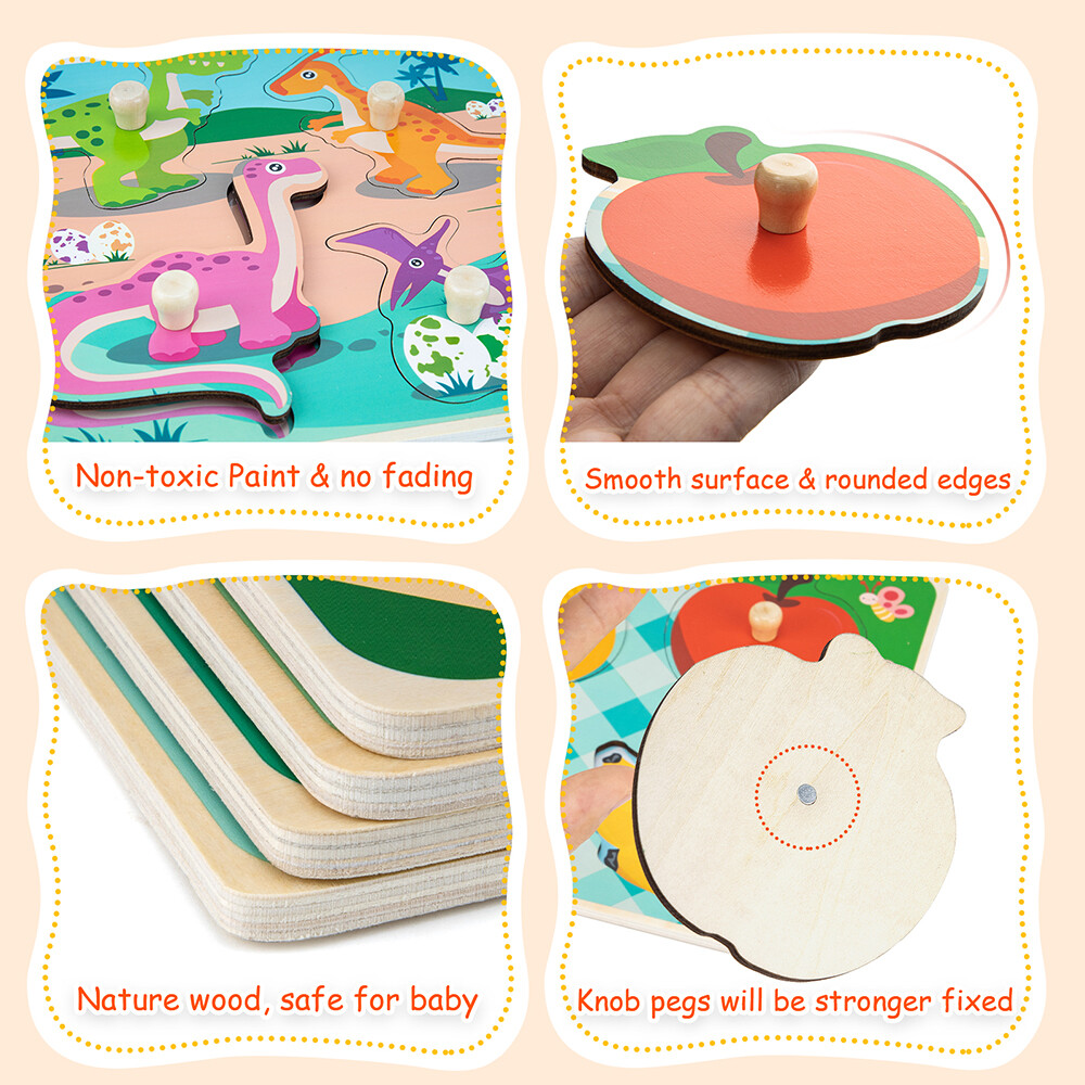 4 Pack Wooden Puzzles For Toddlers Baby Kids 1-3, Animals, Dinosaurs, Fruit