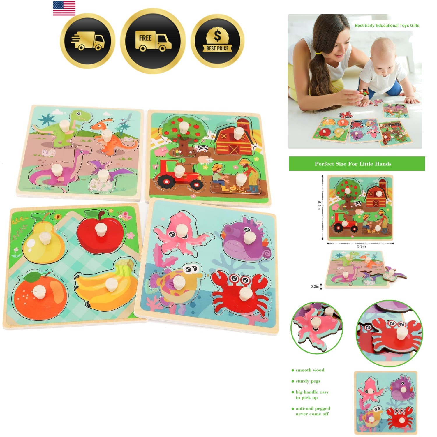 Wooden Peg Puzzles for Toddlers 1-3, Kids’ Educational Preschool Peg Puzzle T…
