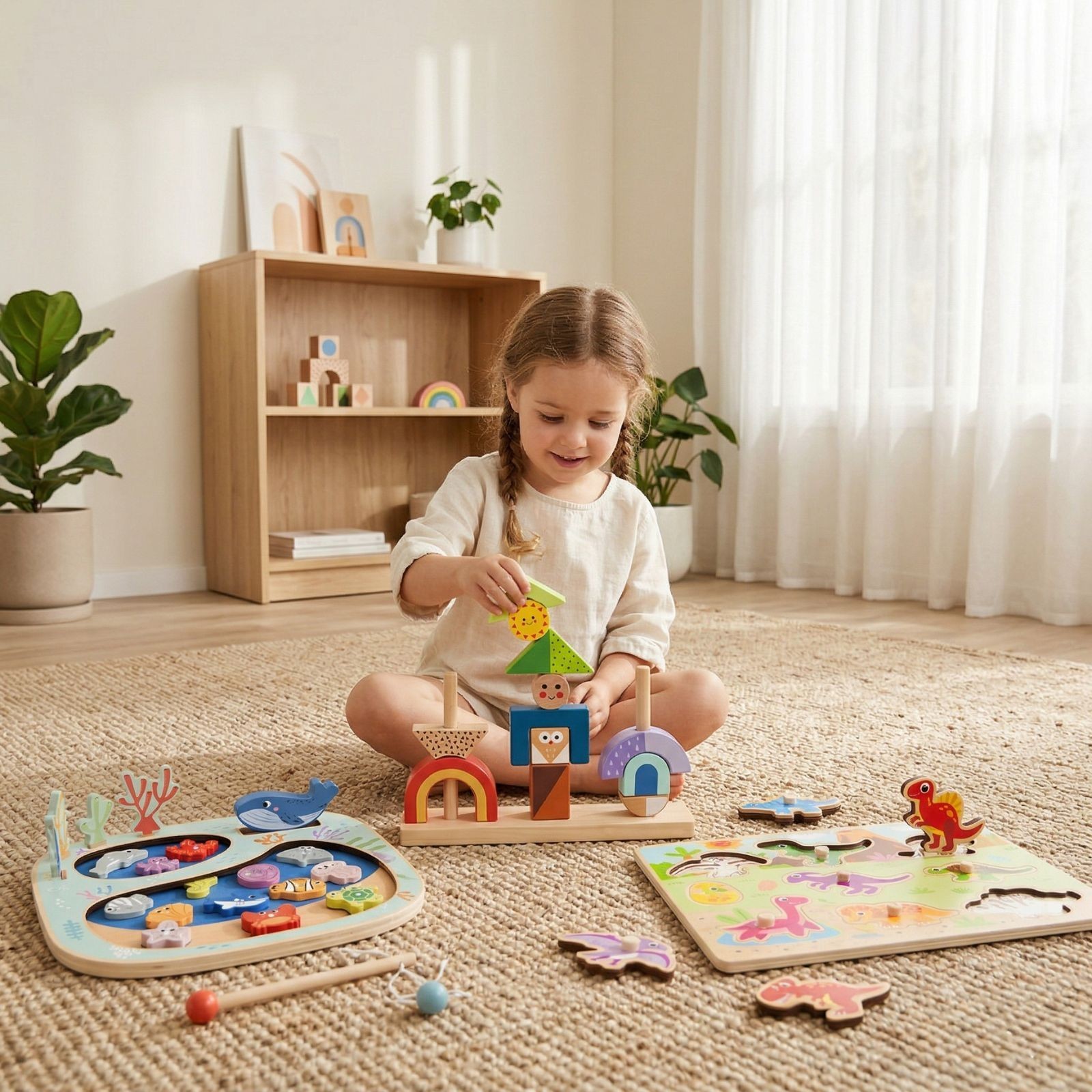 Wooden Montessori Toy Set Fishing Game Dinosaur Puzzle Stacking Toy