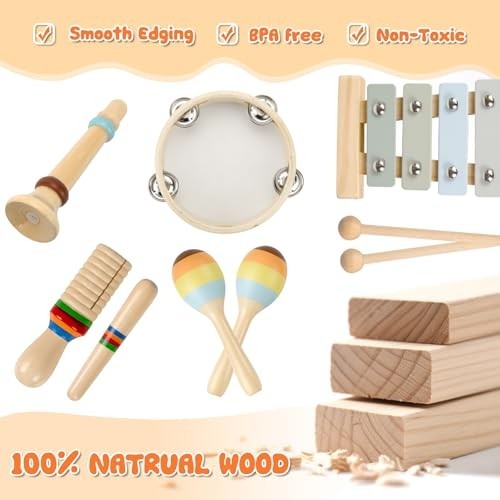 Baby Musical Instruments-Montessori Wooden Toys for Toddlers 1-3 Neutral Colors