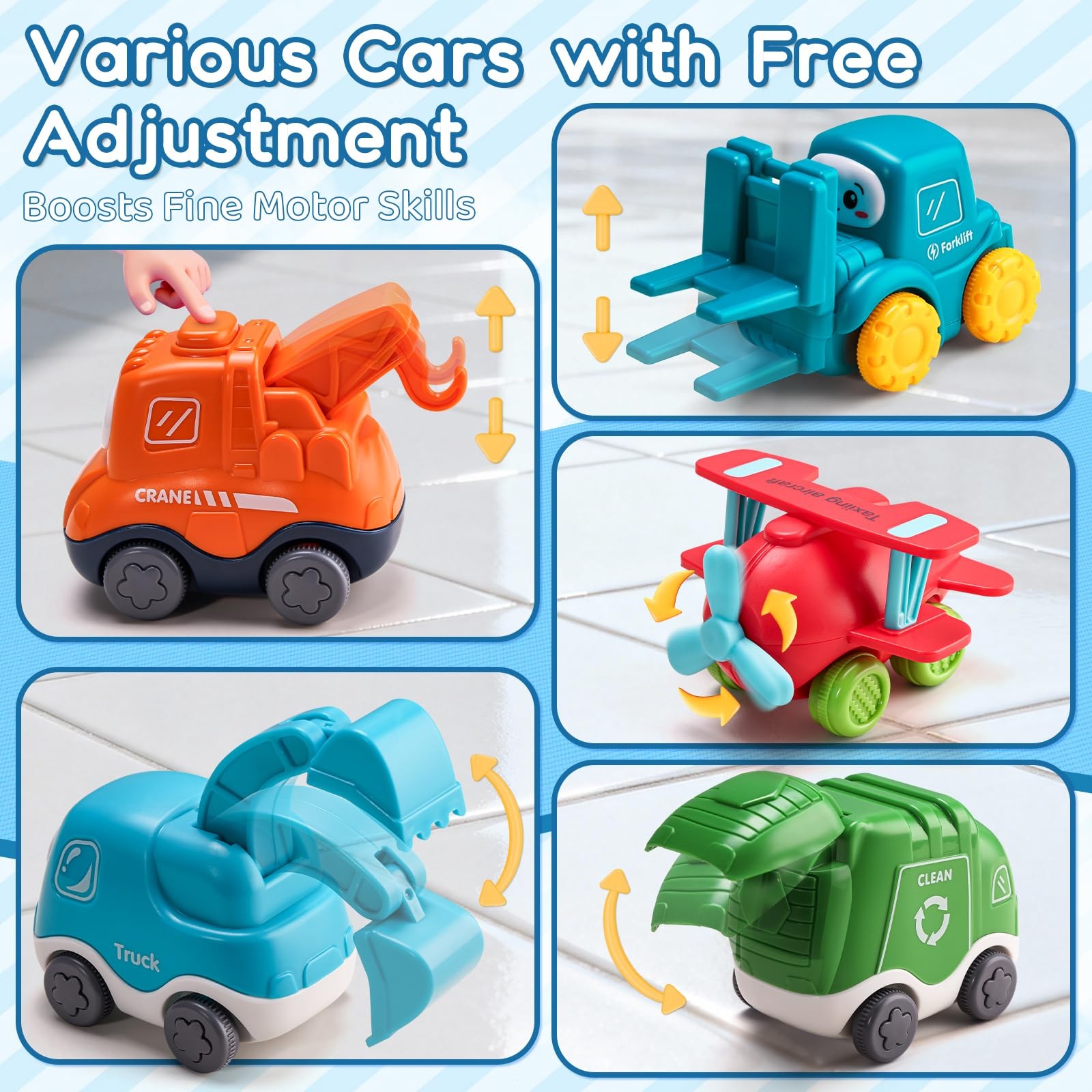 ALASOU 8 PCS Baby Cranes Car Toys for 1 Year Old Boy with Small, Multicolor