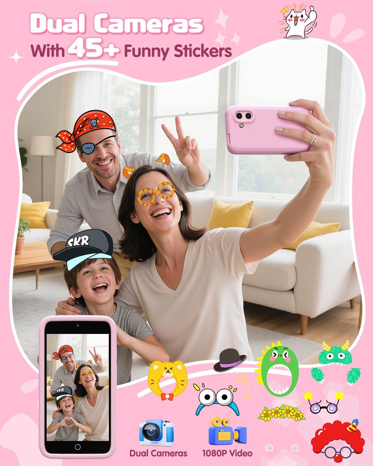 Kids Smart Toy Phone, Dual Camera with Stickers, 3.97″ Touchscreen Learning Toy