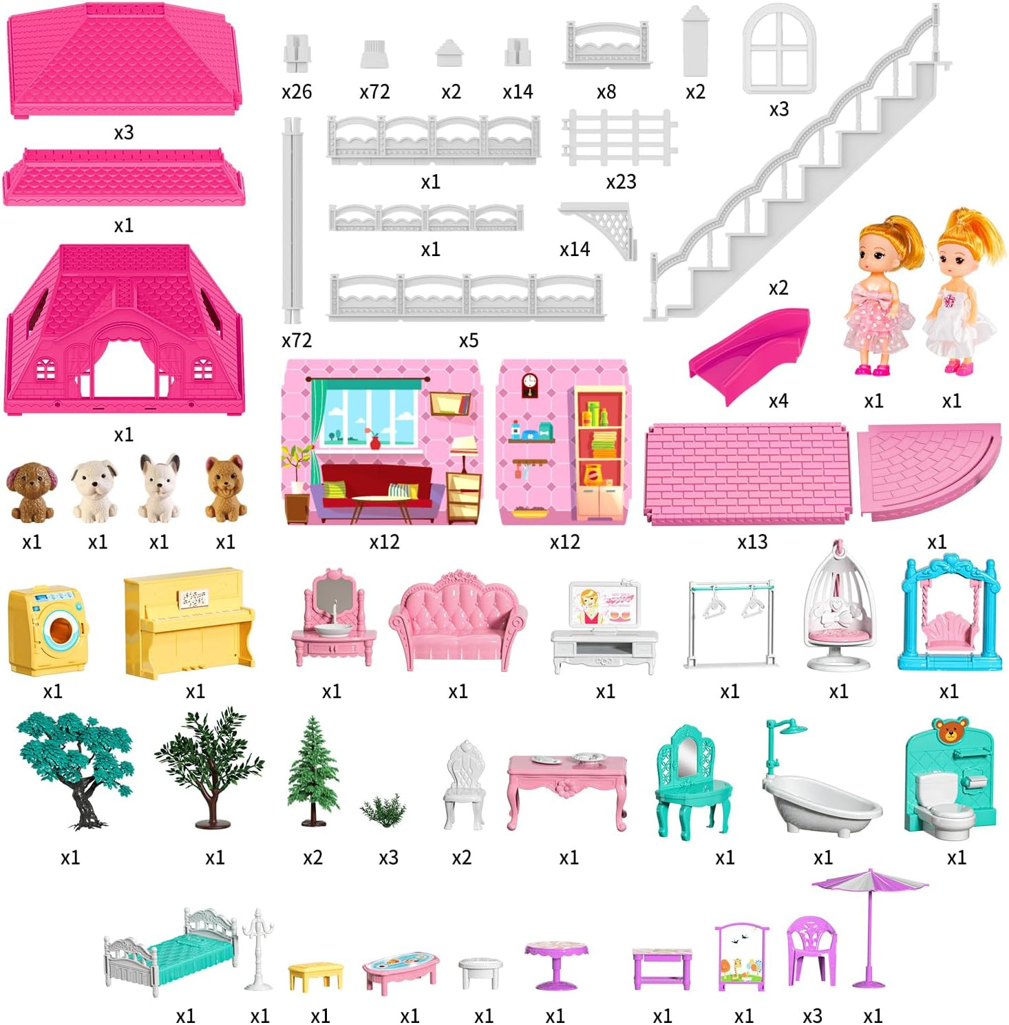 Dollhouse Playset Girls Toy Villa 4-Story 12-Rooms Furniture Accessories Set