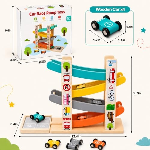 Montessori Toys for 1 Year Old Boy, Wooden Car Ramp Toy with 4 Cars & Parking