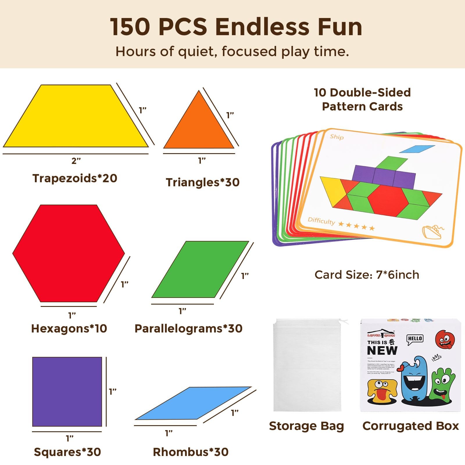 Wooden Pattern Blocks Set for Kids, Geometric Shapes with Learning Cards, 150…