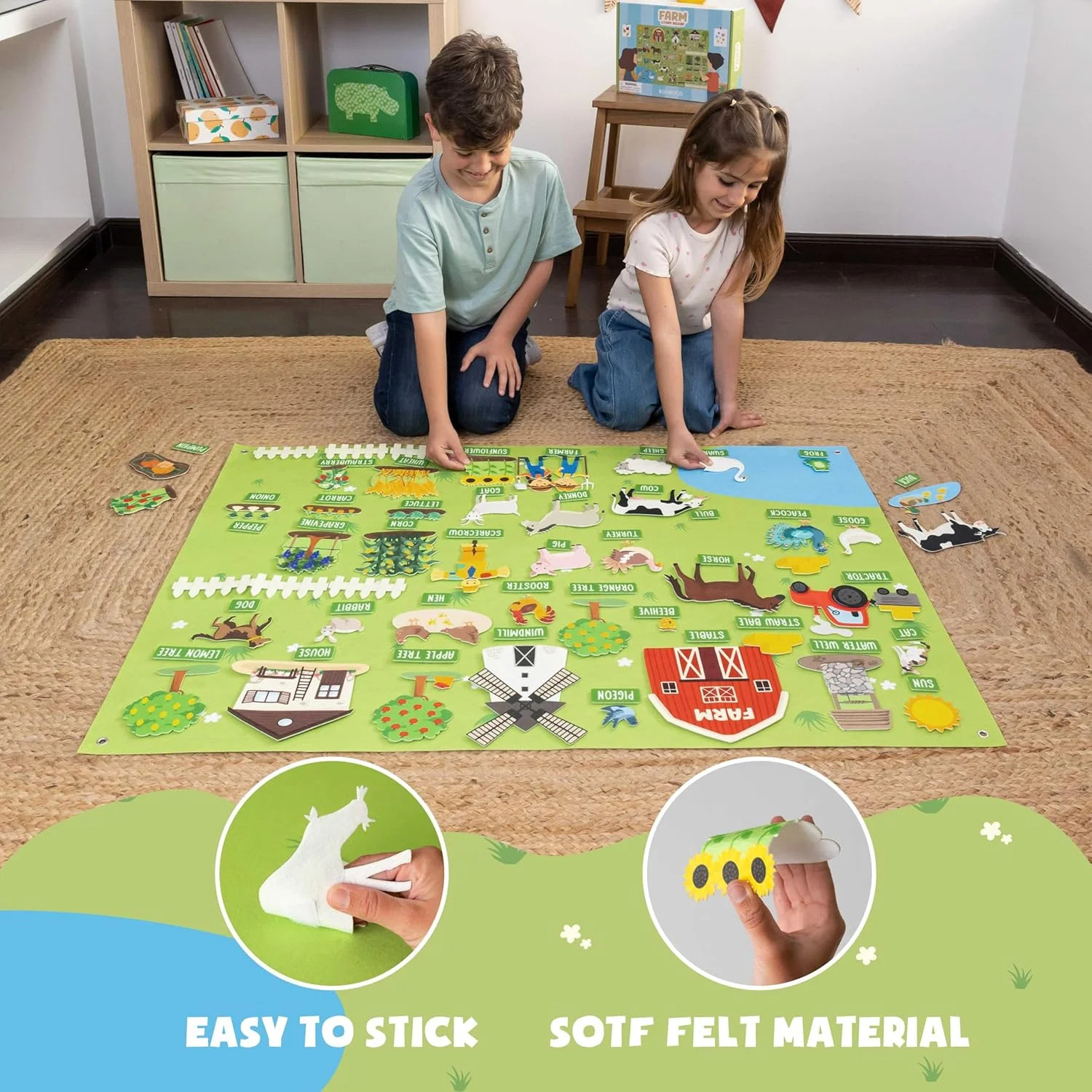 BONNYCO Felt Board for Toddlers with 92 Animal Farm Figures. Montessori and Sens