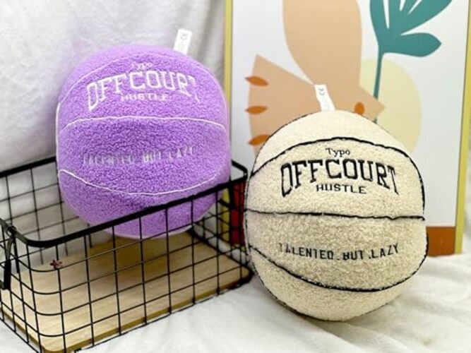 2023 New Offcourt Basketball Pillow, 11″ Basketball Shaped Teddy Fleece Beige
