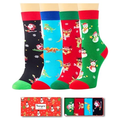 Christmas Socks for Kids – Snowman Reindeer Gnome Dinosaur 4 Pack 2-3 Years