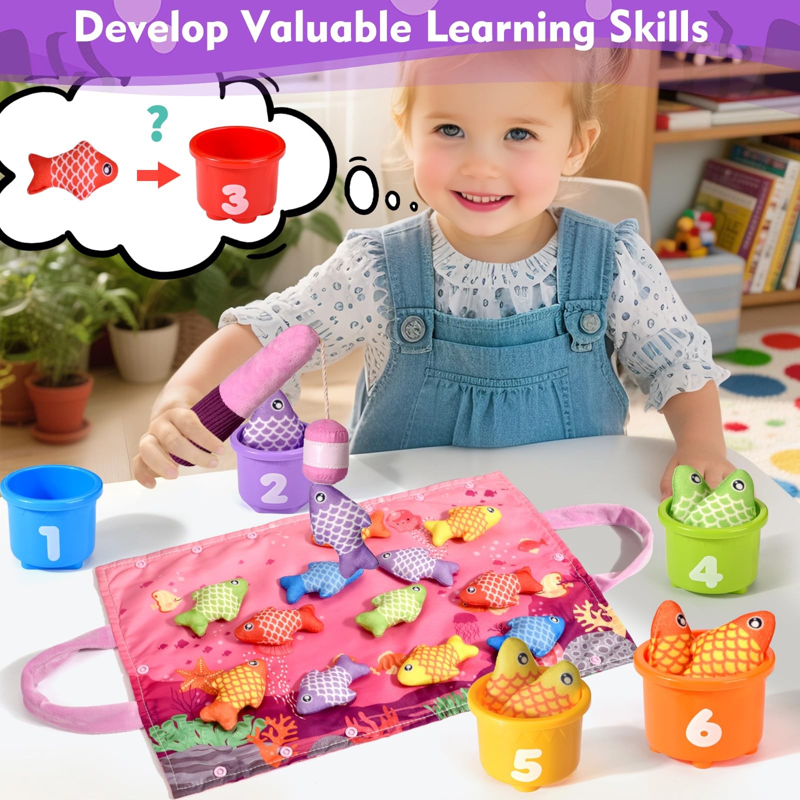Montessori Fishing Toy for 1Year Old Girl Pink Cloth Sorting Game Fine Motor Kit