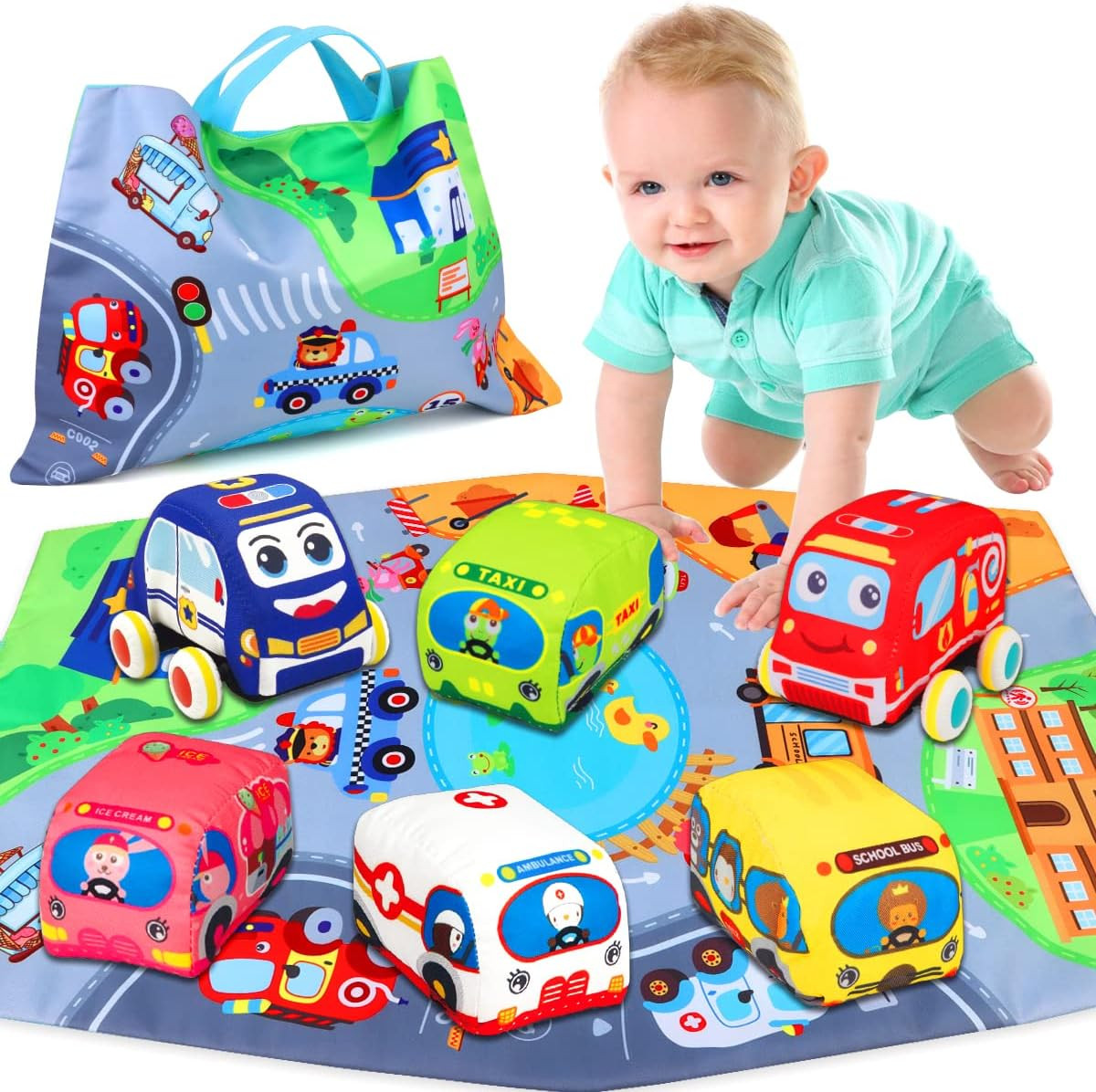 Baby Toys 6 to 12 Months – Soft Car Toys for 1 Year Old Boy Girl with Playmat St