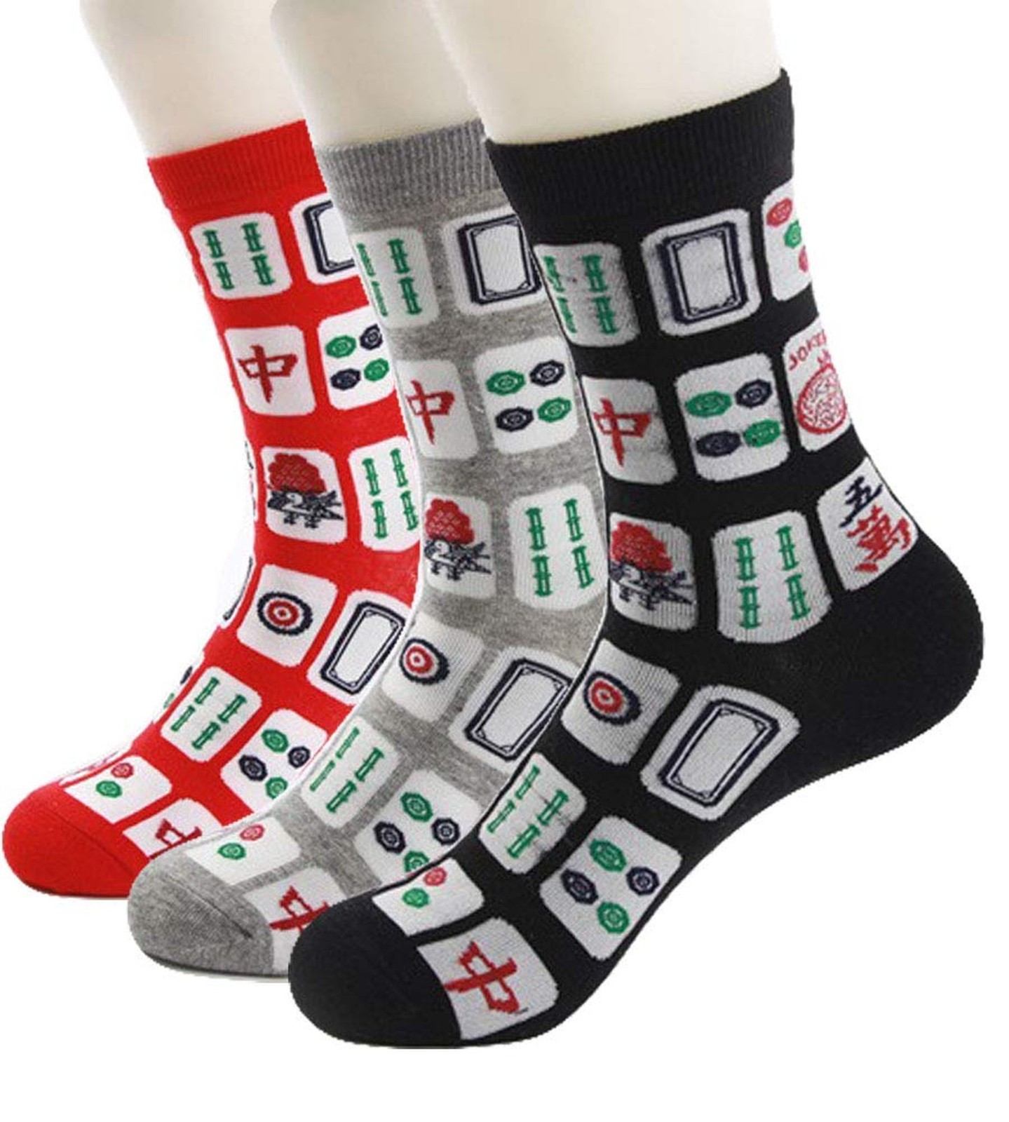 Creative Mah Jong Print Novelty Cotton Crew Socks 3 Pairs for Men Women 6-12