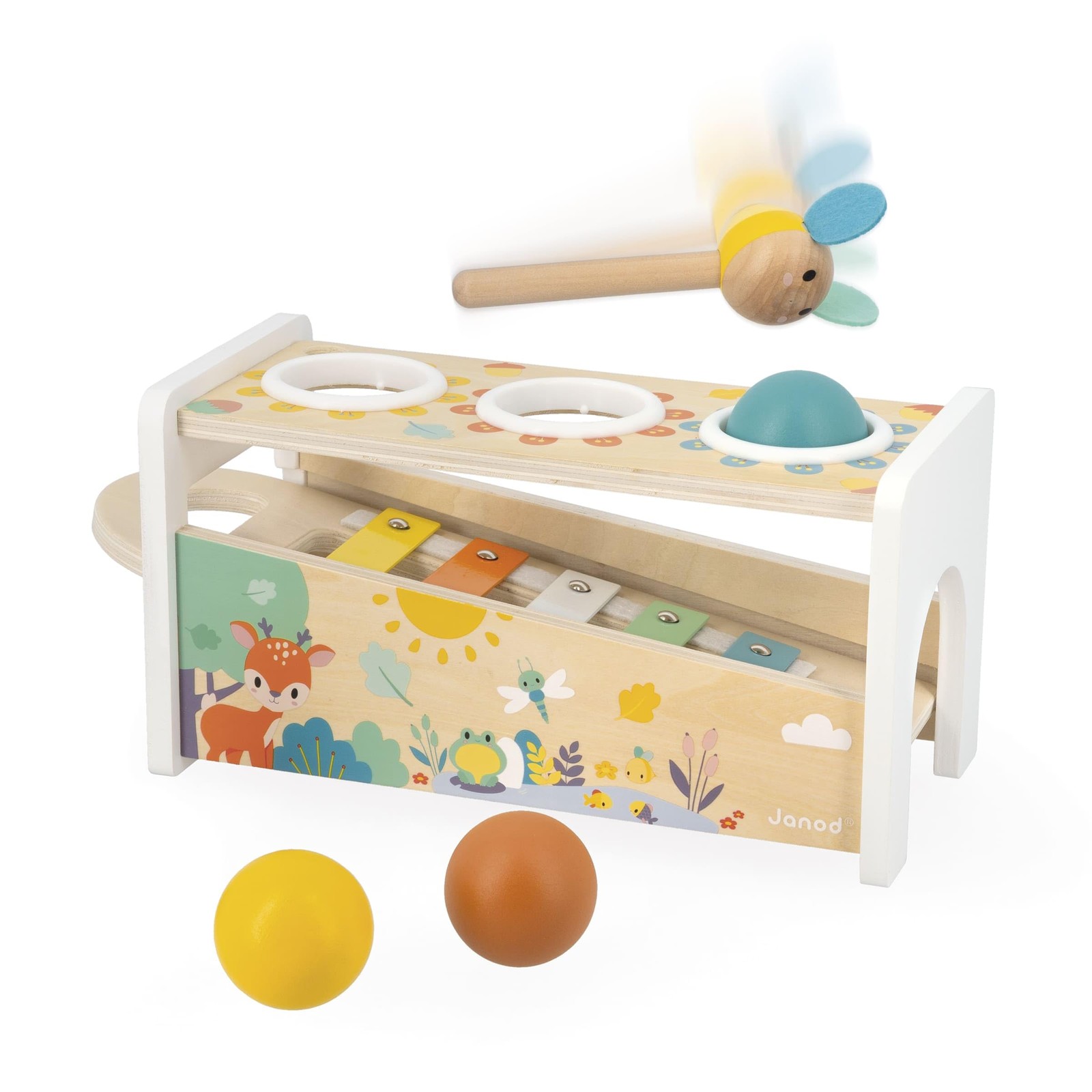 Janod Pure Tap Pastel Wooden Xylophone Pounding Bench Cherry Wood Balls Bee