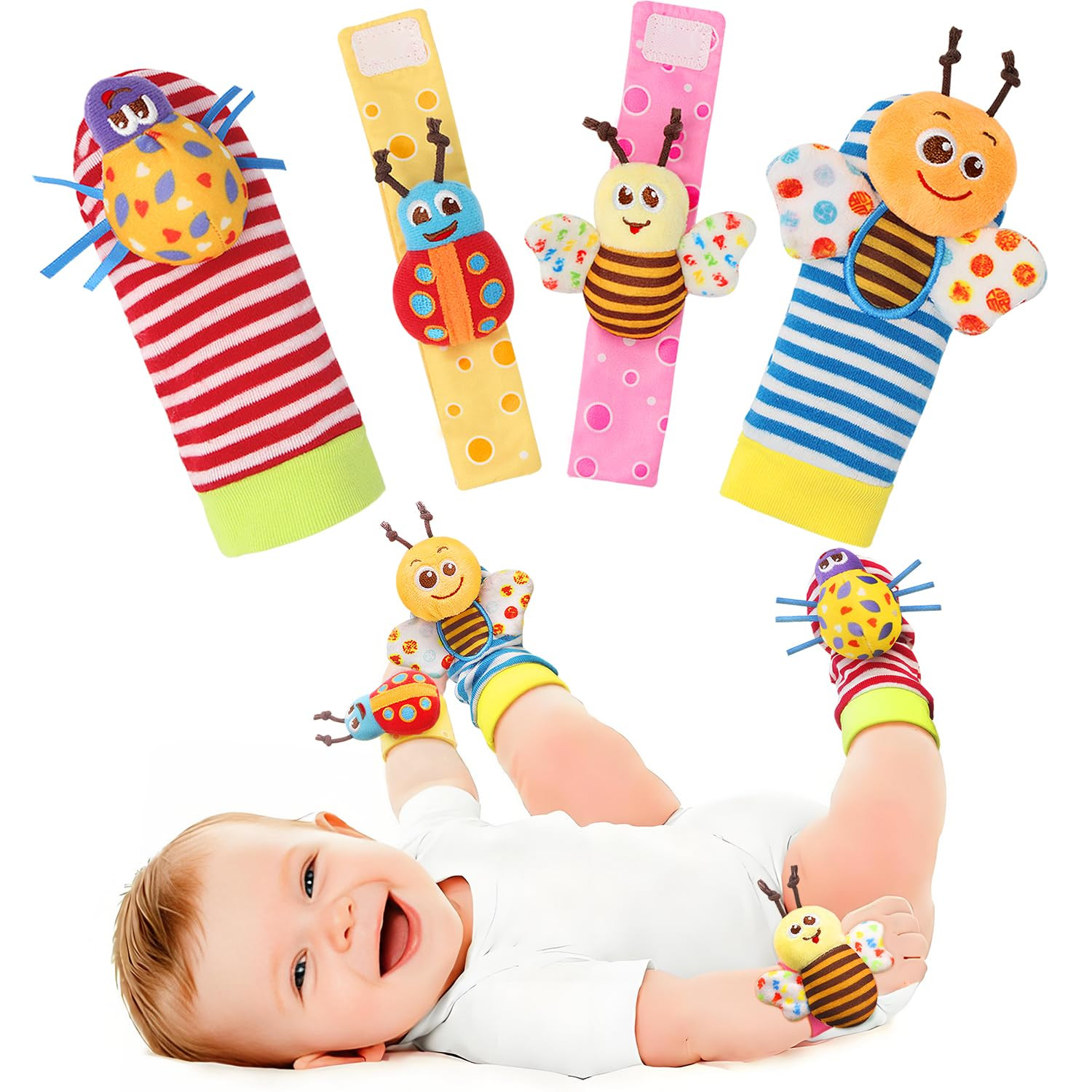 Bloobloomax Wrist Rattle Socks and Foot Finder Set, Infant Girl Boy Toys for Bab