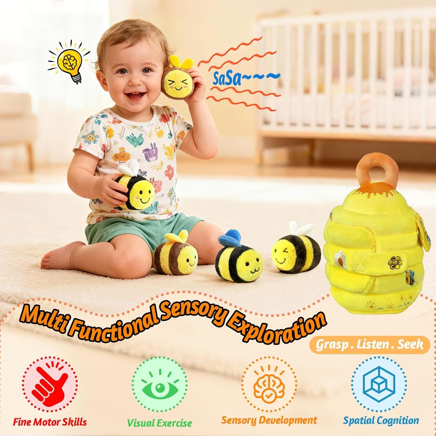 Baby Toys Soft Baby Beehive with 5 Sensory Bees 6-12 Months – Rattle, Crink Mirr